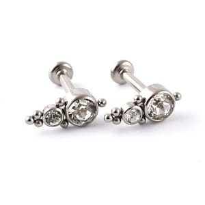 Titanium Labret Internal Thread 2 gems and bead cluster Bar  1.2 x 6mm 1.2 x 8mm Tragus Helix Cartilage