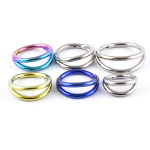 May include: Six different coloured seamless rings with a double ring design. The rings are made of surgical steel and are available in a variety of colours, including rainbow, gold, blue, and silver.