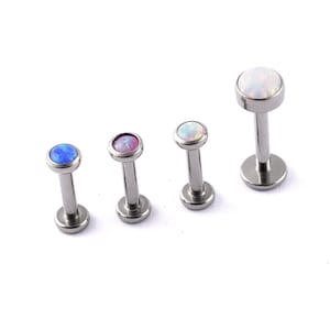 May include: Four silver-toned metal labret studs with flat back discs and circular tops. The studs feature cabochon-style stones in varying colours, including a bright blue, a purple-pink, and two white opalescent stones of different sizes.