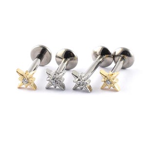 Titanium Labret Internal Thread Surgical Steel or PVD Gold on Steel Tiny Jewelled Star Tragus Helix Cartilage Ear Stud