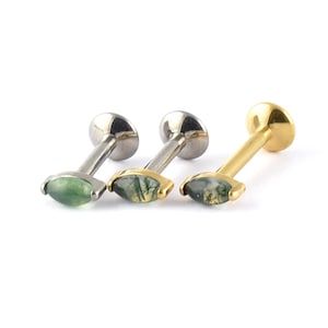 Titanium Labret Internal Thread with Marquise Moss (Green) Agate Stone. Tragus Helix Cartilage piercings