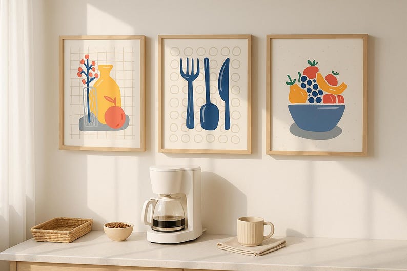 kitchen prints, set of 3 prints colourful kitchen... Modern Kitchen Wall Art Set – Colorful Printable Food Posters ...