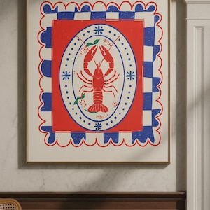 Arte mural de langosta imprimible – Decoración de cocina costera francesa – Póster náutico rojo y azul – Descarga digital
