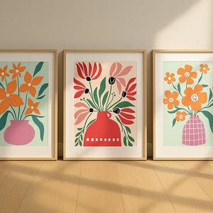Floral Vase Wall Art Set – Colorful Minimalist Flower Prints – Digital Download for Living Room, Kitchen or Entryway Decor