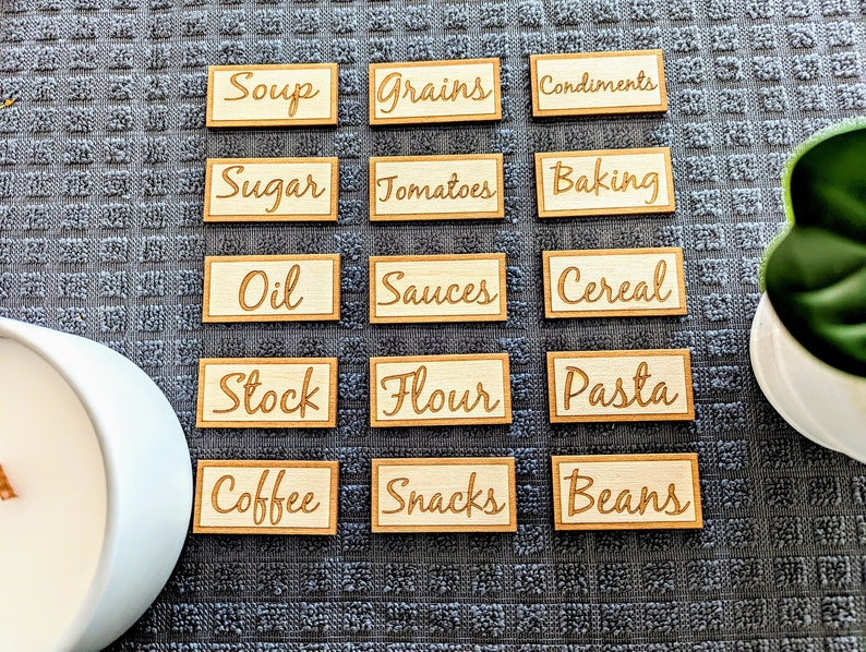 Custom Wood Tags Labels for Kitchen or Pantry Organization, Personalized Gift, Organization tags, Pantry tags, Cabinet tags, Engraved Gift image 1