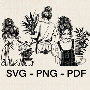 Unordentlich Brötchen Pflanze Lady SVG, Frau Portrait PNG, Pflanze Mama ClipArt