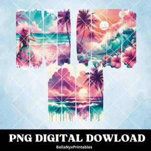May include: A digital download of a watercolor-style image of the word "Hawaii" with a tropical beach scene. The image features palm trees, a sunset, and a woman in a floral dress.