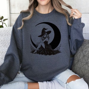 Bruja sentada en la luna svg, mujer bruja, silueta de bruja y luna, calcomanía de ventana de bruja, clip art de bruja, bruja celestial