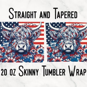 4th Of July Highland Cow | Tumbler Wrap PNG | Highland Cow Sublimation | 20 oz Skinny Tumbler Wrap | Patriotic Cow | Seamless PNG
