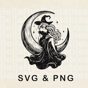 Hexe sitzt auf einem Mond svg, Sexy Hexe svg, Halloween Hexe, Hexenschnittdatei