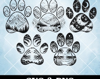 May include: Five black and white paw print designs with different nature scenes inside. The paw prints are outlined in black and the scenes are filled in with black. The scenes include a mountain range, a lake with trees, a night sky with stars and a crescent moon, and a beach with palm trees.