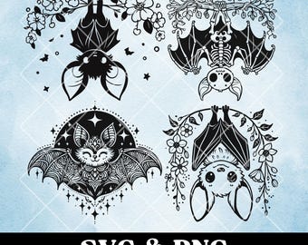Cute Bat SVG Bundle, Hanging Bat Clip Art, Halloween PNG