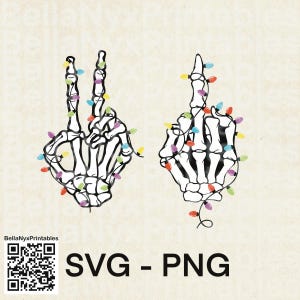 Mano scheletrica dito medio SVG, Mano scheletrica segno di pace SVG, Mano scheletrica con luci di Natale, PNG di Natale
