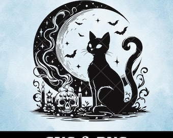 Black Cat Halloween SVG: Spooky Moon Clip Art (PNG, SVG)