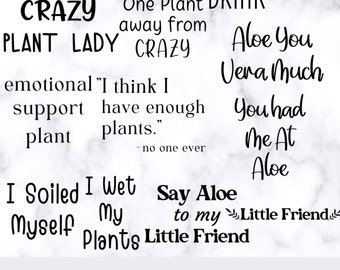 Puede incluir: Un conjunto de 10 archivos SVG y PNG con temática de plantas para manualidades. El texto incluye frases como "Voy a sobrevivir", "Mantenerse con vida", "Una planta para beber lejos de la locura", "Aloe You Vera Much", "Me tuviste en Aloe", "Me ensucié", "Dile Aloe a mi pequeño amigo", y "Plant Lady".