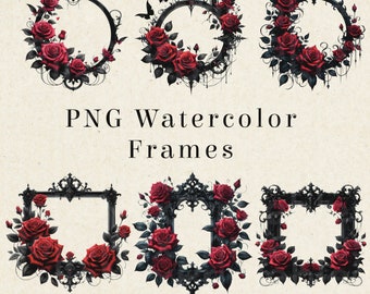 Gothic Black Frames with Red Roses: Watercolor PNG (Digital Download)