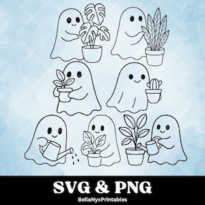 May include: Black and white line art of cartoon ghosts tending to plants in pots. Some ghosts hold plants, others water them. The image includes the text "SVG & PNG" and "BellaNyxPrintables".