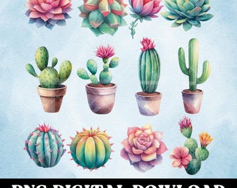 Watercolor Succulents and Cacti PNG Clipart, Plant Sublimation PNG
