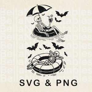 Scheletro in una piscina galleggiante SVG, Scheletro e pipistrelli SVG, Estate gotica