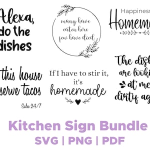 Puede incluir: Un conjunto de 10 letreros de cocina con texto negro sobre fondo blanco. Los letreros presentan diversas frases con temática de cocina, como "Alexa, lava los platos", "En esta casa servimos tacos", "La felicidad es casera", y "Los platos me miran, sucios de nuevo".