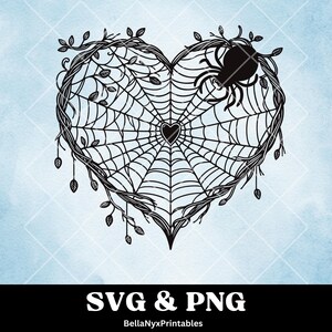 May include: Black heart-shaped design featuring a spider web, a spider, and leafy vines. The design includes the text "SVG & PNG" and "BellaNyxPrintables" at the bottom. Perfect for Halloween or gothic-themed crafts.