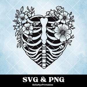 Heart shaped Rib Cage SVG, Skeleton Rib Cage, Floral Ribcage SVG, Skeleton Chest PNG