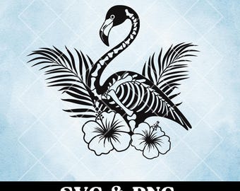 May include: Black and white silhouette of a flamingo skeleton with tropical leaves and flowers. The flamingo is in a standing pose with its neck curved.