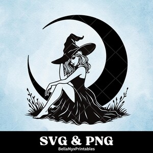 月の上に座る魔女 SVG: 天空の魔女クリップアート PNG、魔女Tシャツ