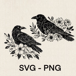 Cuervo y flores svg, clip art de cuervo, cuervo svg