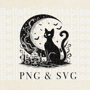 Schwarze Katze SVG, Gruselige SVG, Halloween Png SVG, Katze und Mond SVG, Creepy Clip Art