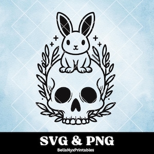 Lindo conejito sobre una calavera, estilo gótico SVG PNG, imágenes prediseñadas de Pascua