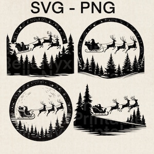 Père Noël et renne Silhouette SVG, père Noël survolant la cime des arbres svg, svg de décoration de Noël