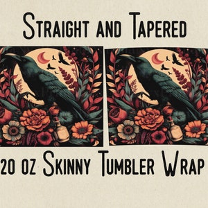 Raven PNG, Skinny Tumbler Wrap PNG, Floral Moon and Raven Sublimation, Crow PNG, 20 oz Tapered Wrap