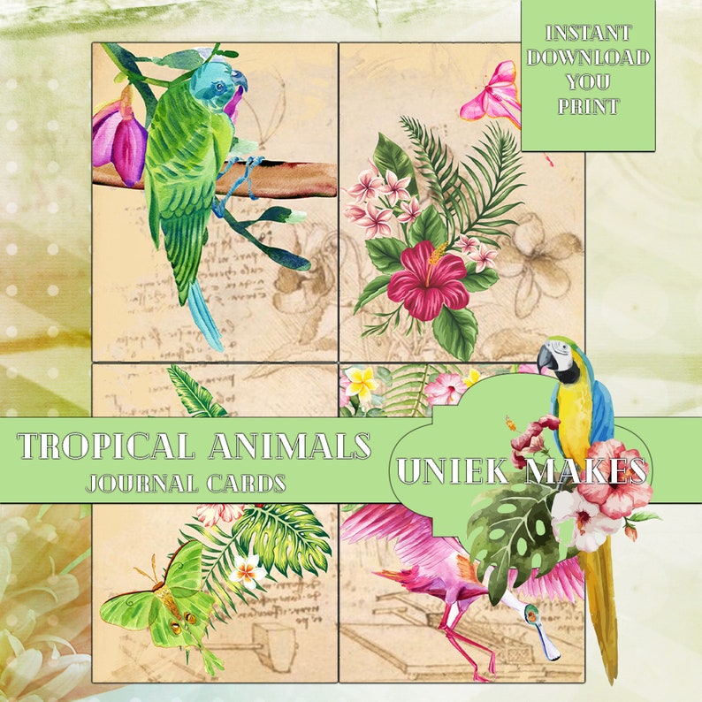 Tropical Animals Journal Cards, Junk Journal, Mixed Media, Ephemera
