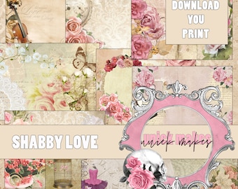 May include: A digital collage of vintage-inspired images featuring roses, a birdcage, a skull, and a clock. The collage has a shabby chic aesthetic and includes the text "Shabby Love" and "Unick Makes".
