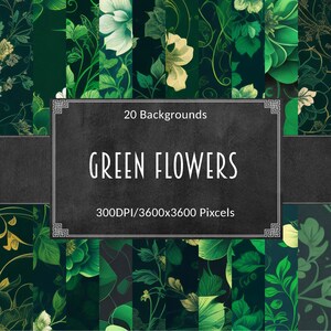 Green Floral Digital Paper, Seamless Shades Of Green Flowers, Printable Scrapbook Paper, Gothic Flower Backgrounds and Patterns
