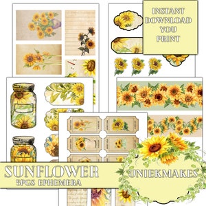 Tournesol Junk Journal Ephemera, Fussy Cut, Imprimable, Junk Journal, Téléchargement numérique