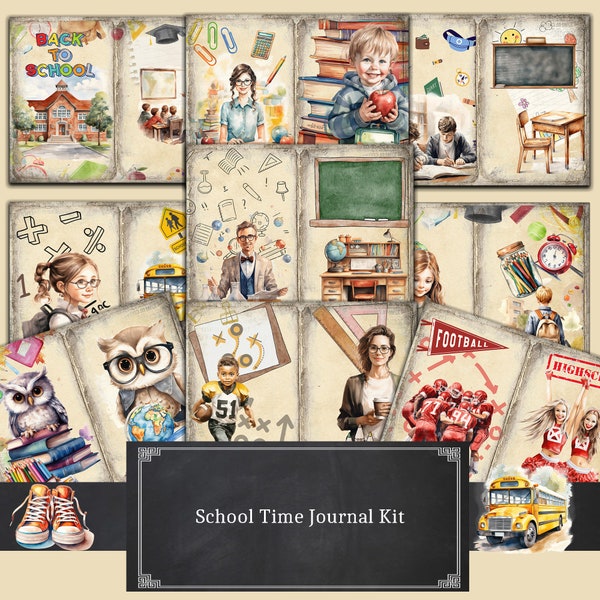 School Time Journal kit, Digital, Download, Printable, Ephemera, Collage, Scrapbook, Paper, Embellishments