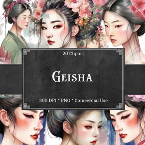 Japanese Geisha Watercolor Clipart Bundle, PNG, Portrait Asian Girl Clipart, Paper craft, Card Junk Journal Scrapbooking