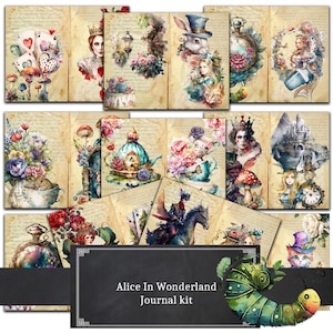 Alice In Wonderland Junk Journal kit, Digital, Download, Printable, Ephemera, Collage, Scrapbook, Paper, Embellishments