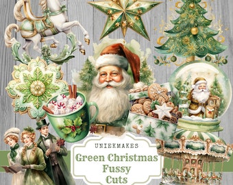 Könnte beinhalten: Digitales Papierpaket zum Thema grünes Weihnachten mit Bildern von einem Karussell, einem Stern, einem Weihnachtsbaum, einer Schneekugel, einem Weihnachtsmann, einer Tasse heißer Schokolade, einer Schneeflocke und einem Paar, das Weihnachtslieder singt. Der Text "UNIEKMAKES Green Christmas Fussy Cuts" befindet sich auf einem weißen Oval.