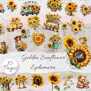 Golden Sunflower, Ephemera ,Fussy Cuts, Journal Kit, Embellishments, Printable, Collage, Scrapbooking, Instant download,Junk Journal Pages
