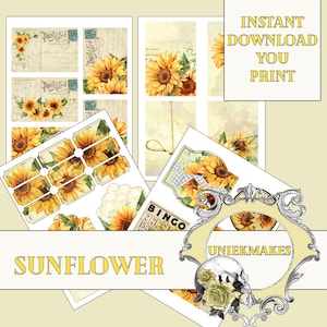 Sunflower Junk Journal, Journaling Cards, Digital Paper,  Ephemera,  Fussy Cut,  Printable, Junk Journal,  Digital Download