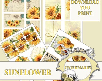 Sunflower Junk Journal, Journaling Cards, Digital Paper,  Ephemera,  Fussy Cut,  Printable, Junk Journal,  Digital Download