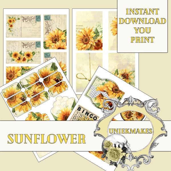 Sunflower Junk Journal, Journaling Cards, Digital Paper,  Ephemera,  Fussy Cut,  Printable, Junk Journal,  Digital Download