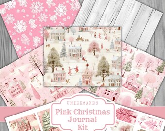 Pink Christmas Junk journal kit, Digital, Download, Printable, Ephemera, Collage, Scrapbook, Paper, Embellishments, Uniekmakes