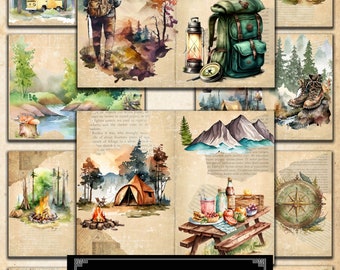 May include: A digital scrapbooking kit with watercolor illustrations of camping scenes. The kit includes images of a hiker, a backpack, a tent, a campfire, a compass, a picnic table, and a vintage van. The text "CAMPING JOURNAL KIT" is displayed in the center of the image.