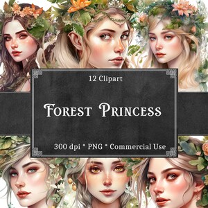 Forest Princess Aquarel Clipart Bundel, transparante PNG, Pretty Girls Clipart, Fantasy illustratie, Paper craft, Junk Journal Scrapbooking