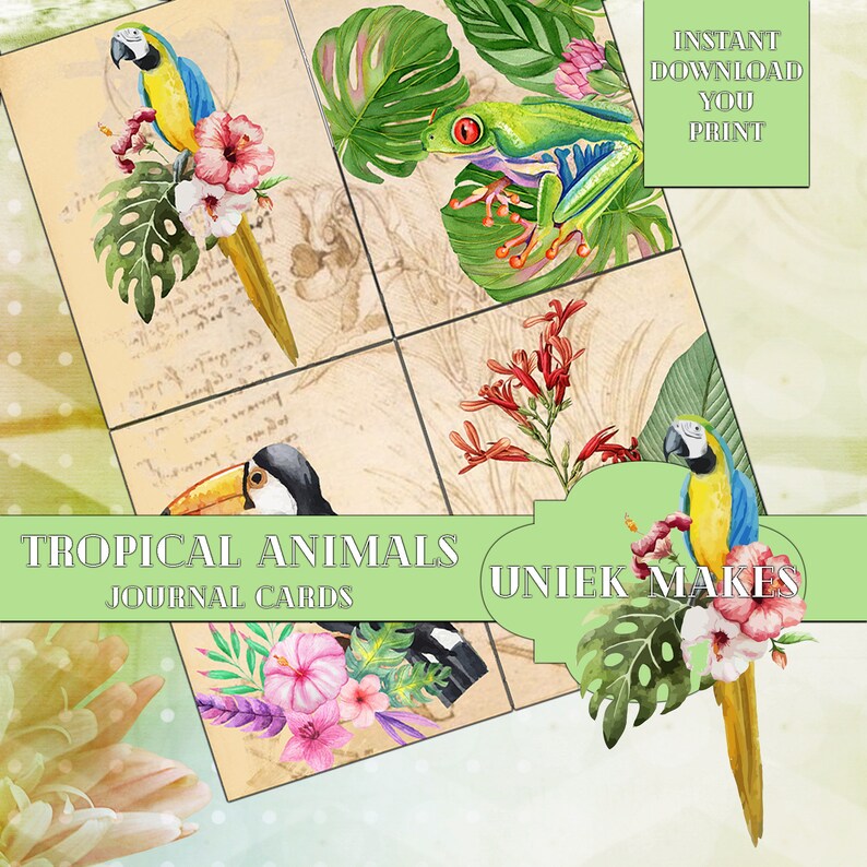 Tropical Animals Journal Cards, Junk Journal, Mixed Media, Ephemera