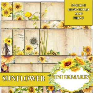 Sunflower Junk Journal Pages,  Digital, Download,  Printable,  Junk Journal Supplies,  Ephemera, Scrapbook,  Paper,  Embellishments